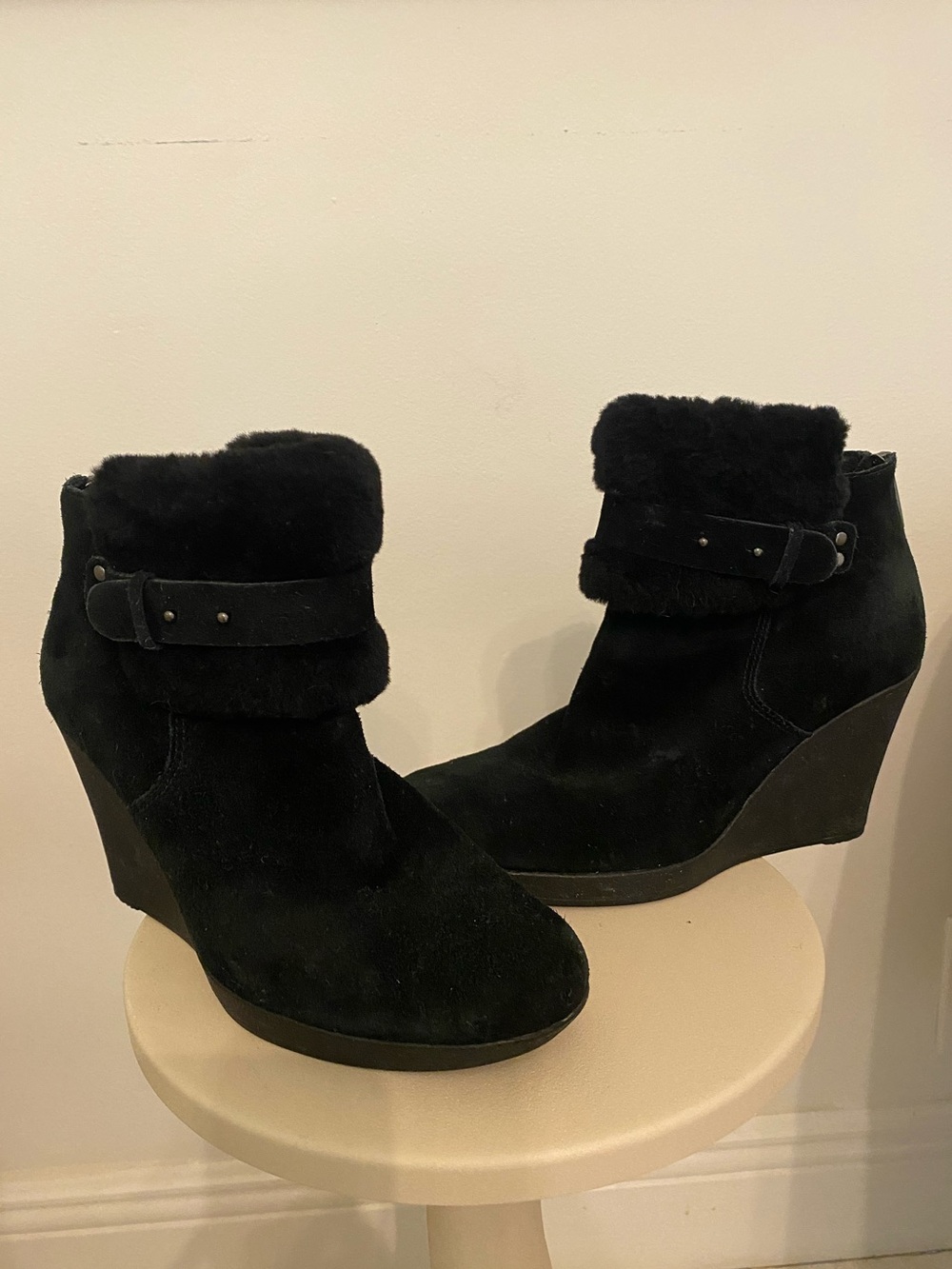 Ugg Black Suede Wedge Ankle Boots with shearling Cuff